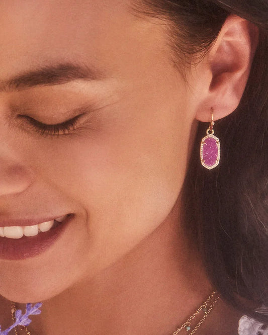 A pair of Lee Drop Earrings in Mulberry Drusy being worn by a model. 800
