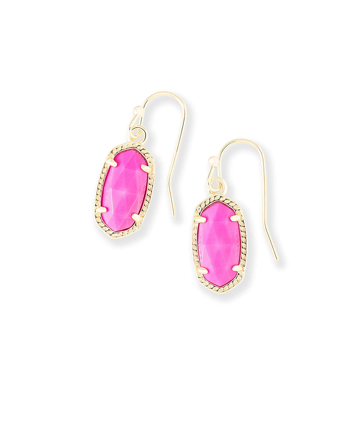 A pair of Lee Drop earrings in Gold Magenta, from Kendra Scott.