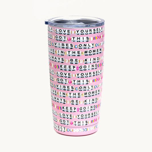 A pink colored tumbler, with beaded sayings all around it. From Little Words Project®. 1200
