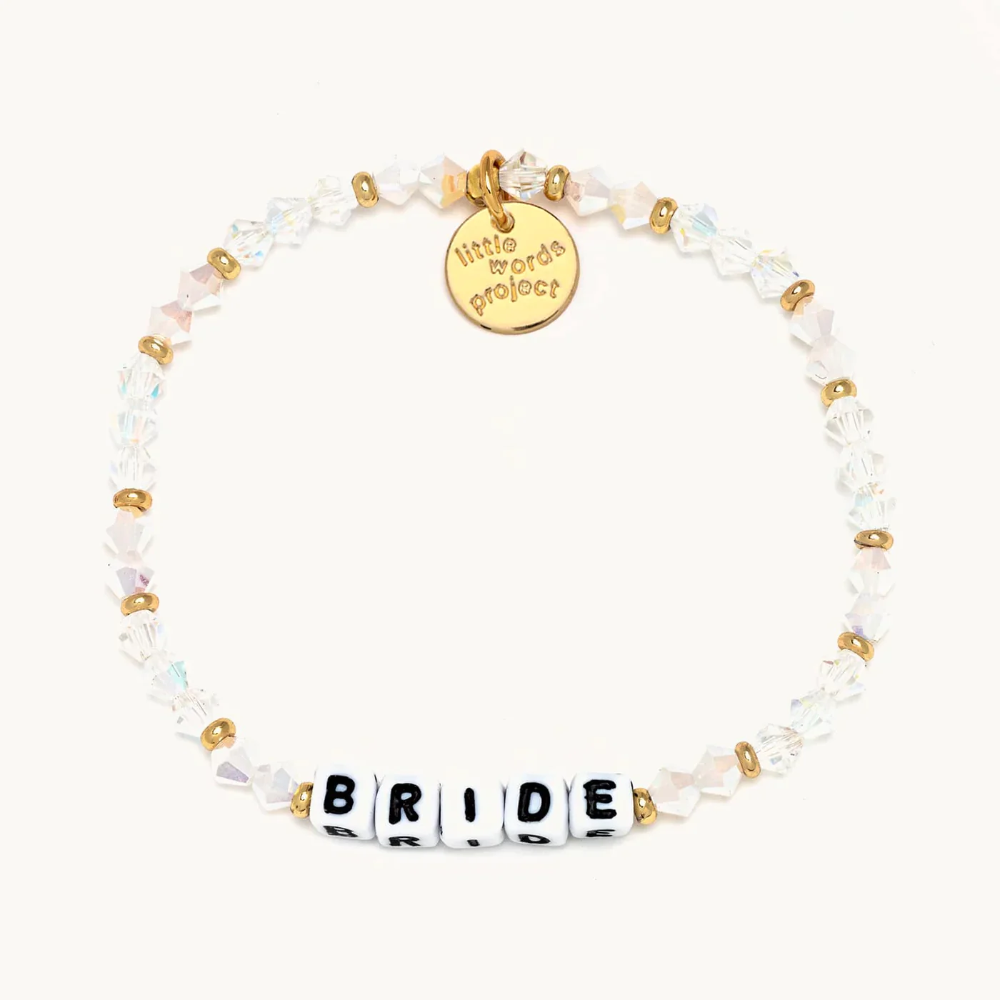 Bead bracelet by Little Words Project that reads, "BRIDE."