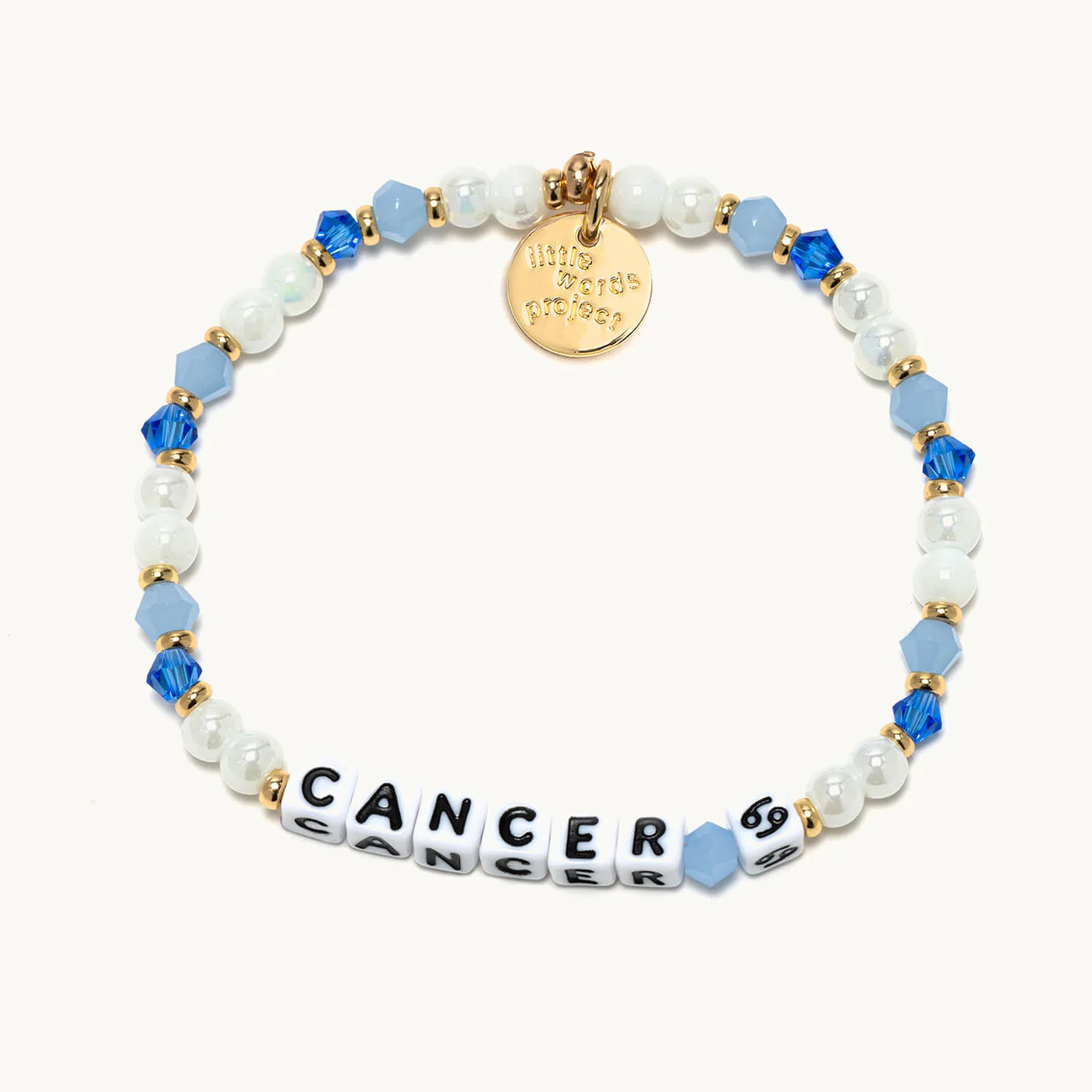 A gold and blue beaded bracelet from Little Words Project®, with the Cancer zodiac symbol.