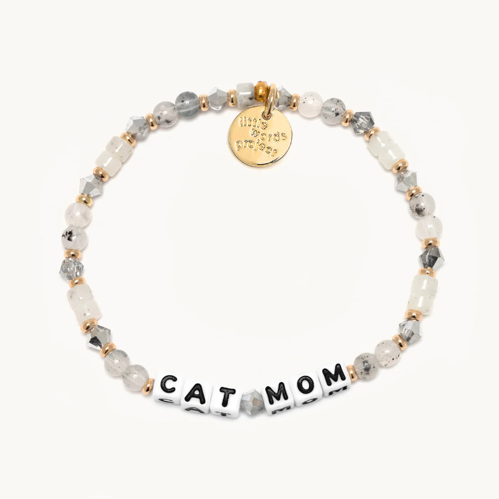 A stretch elastic bead bracelet from Little Words Project that reads, CAT MOM.