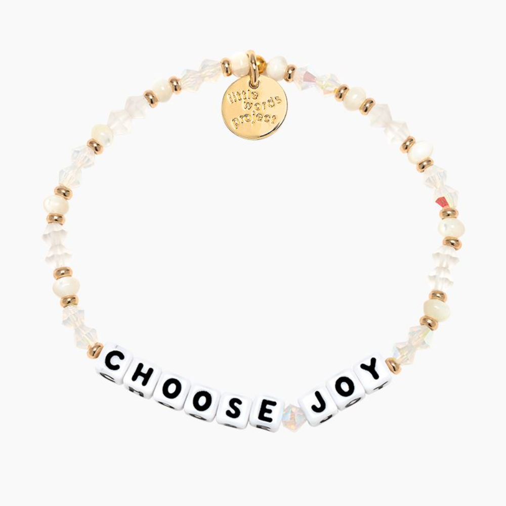 Little Words Project white beaded bracelet that reads, Choose Joy.