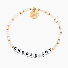 Little Words Project white beaded bracelet that reads, Choose Joy.