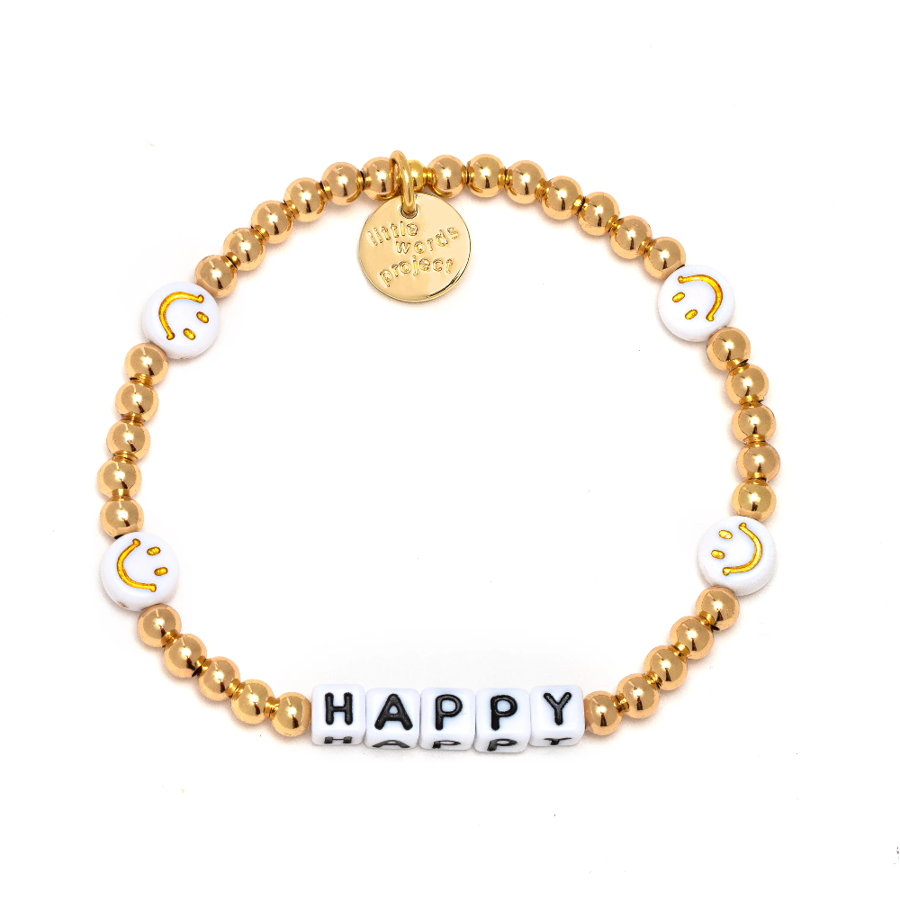 Metallic bead bracelet in gold with the word "Happy" and smily faces, from Little Words Project.