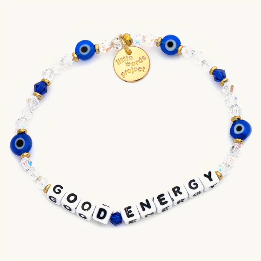 Bead bracelet from Little Words Project that says, "Good Energy."