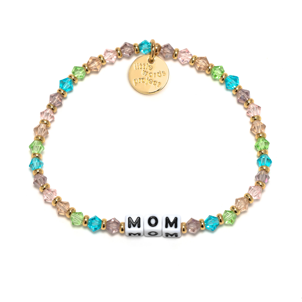 Multi color bead bracelet from Little Words Project that reads, "MOM."