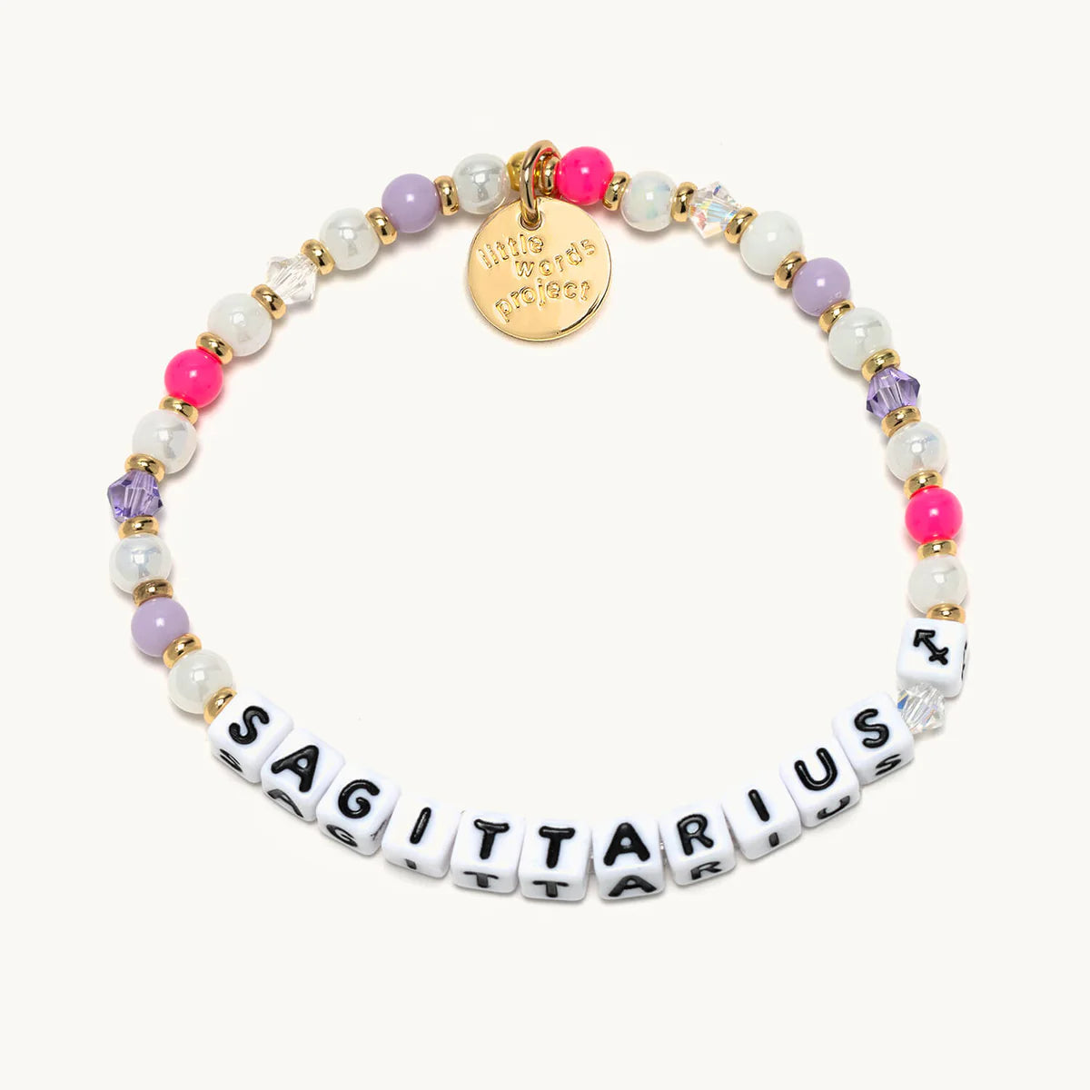 A beaded bracelet with the word Sagittarius, from Little Words Project®.