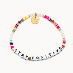 This Little Words Project beaded bracelet is the color rainbow and has the phrase Stay Positive.