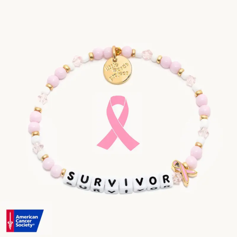 American Cancer Society Little Words Project bead bracelet that says, "SURVIVOR" with the breast cancer pink ribbon.