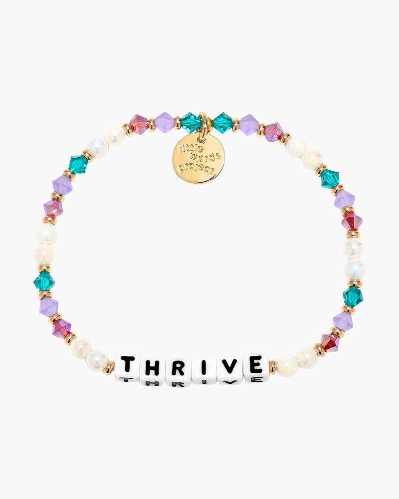 Colorful beaded bracelet from Little Words Project® that reads "THRIVE".