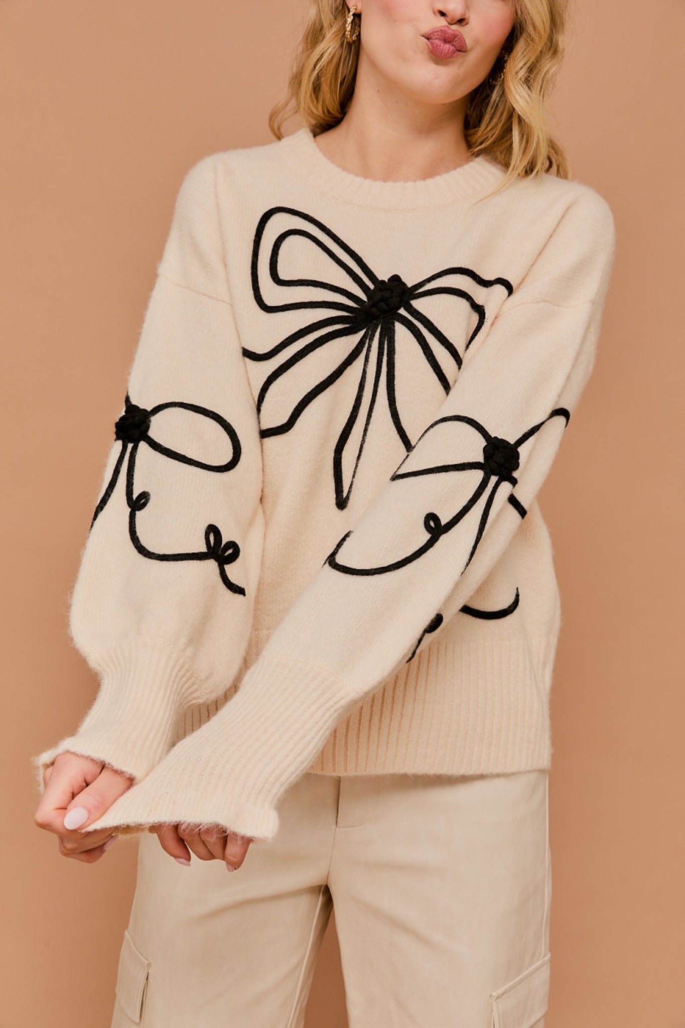 Long Sleeve Crew Neck Ribbon Sweater Top