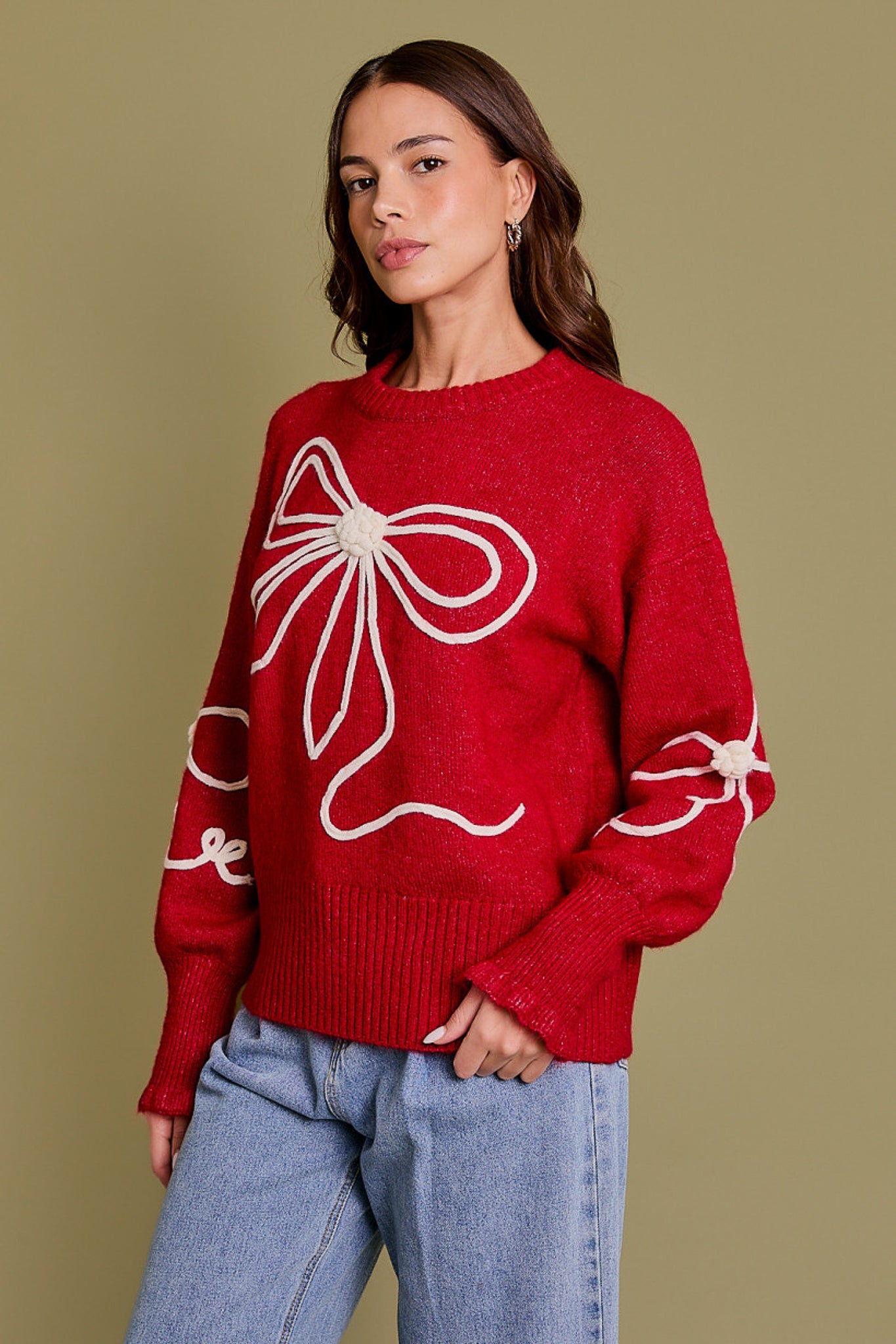 Long Sleeve Crew Neck Ribbon Sweater Top in the color red.