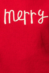 A red turtleneck sweater with the phrase "Merry" in the color white.