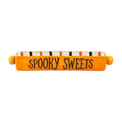 A Halloween sweets dish that reads "spooky sweets".
