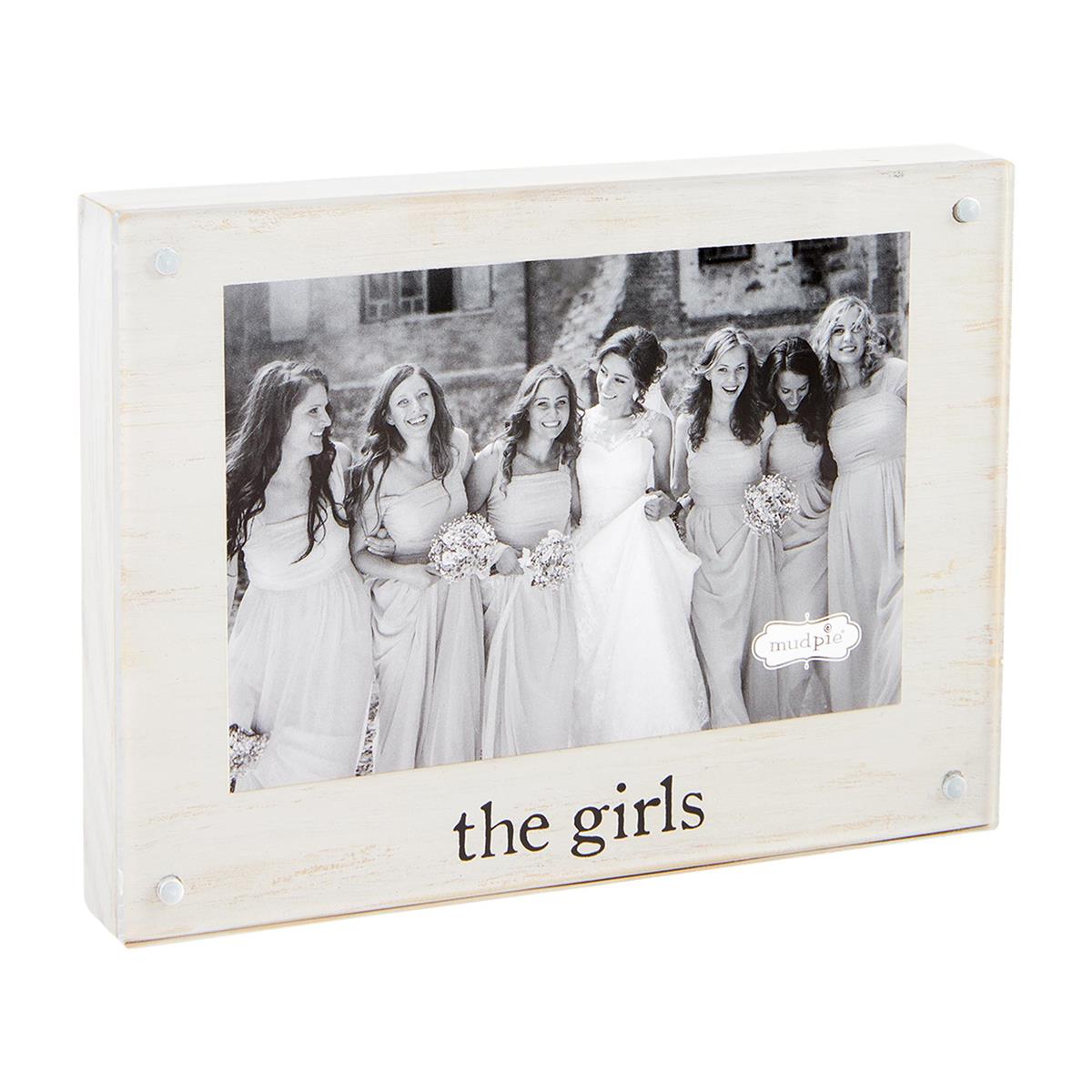 A white magnetic block picture frame that reads "the girls" at the bottom, from the brand: Mud Pie.