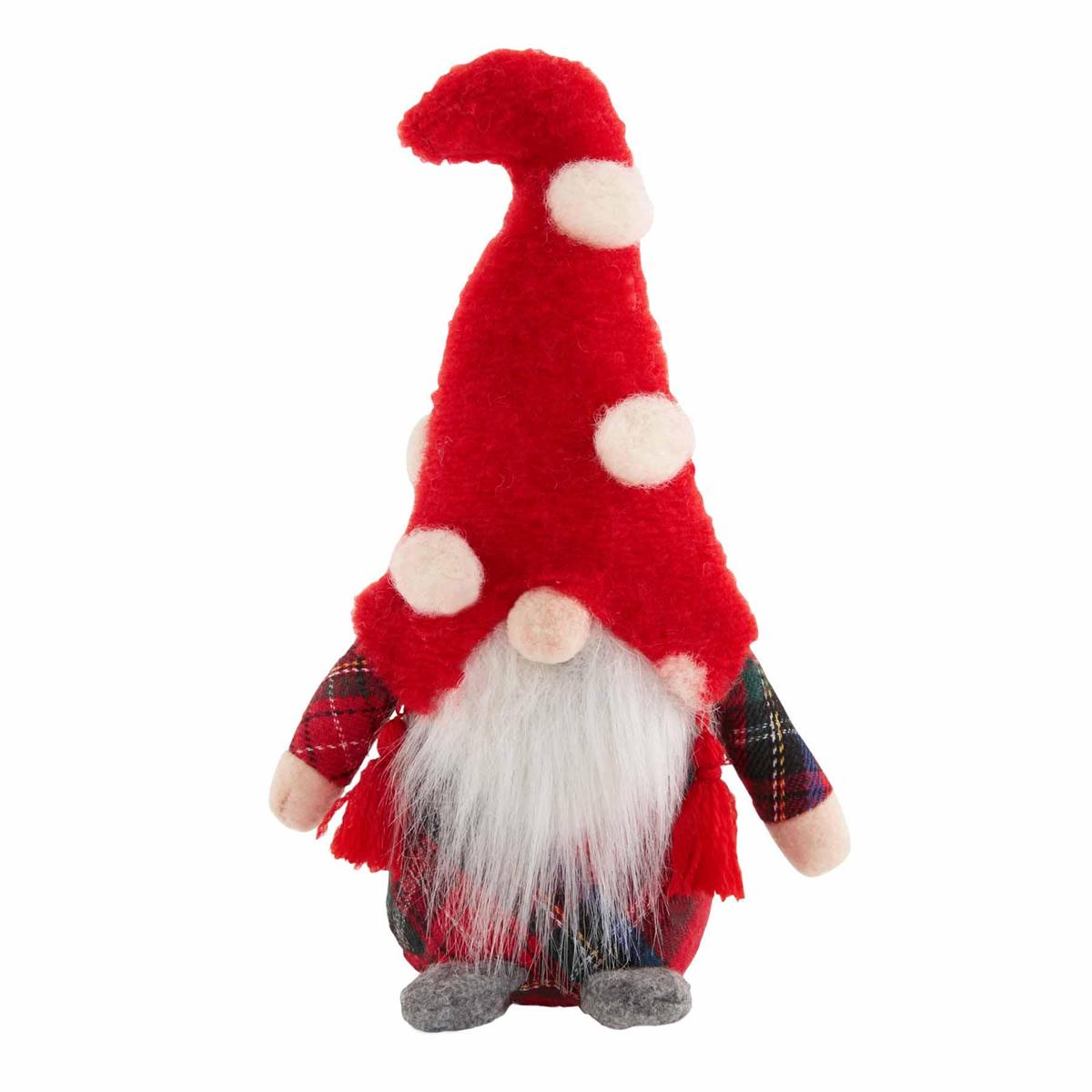 A white bearded gnome with a tartan plaid body, red hat and white cotton balls. Designed by Mud Pie.