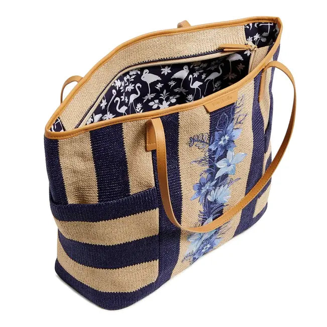 Straw Beach Tote - Navy Stripe Straw