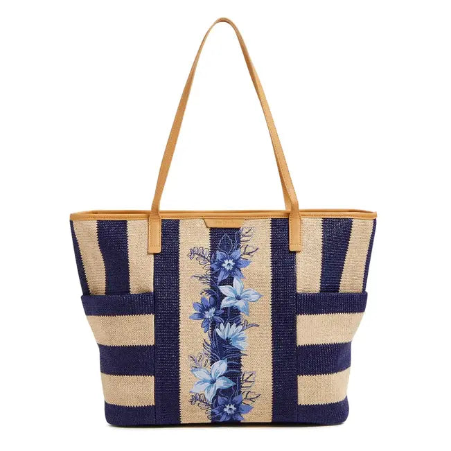 Straw Beach Tote - Navy Stripe Straw