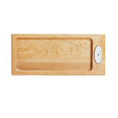 A full view of a maple wood bread board designed by Nora Fleming. With a slot for a Nora Fleming Mini to be displayed. 