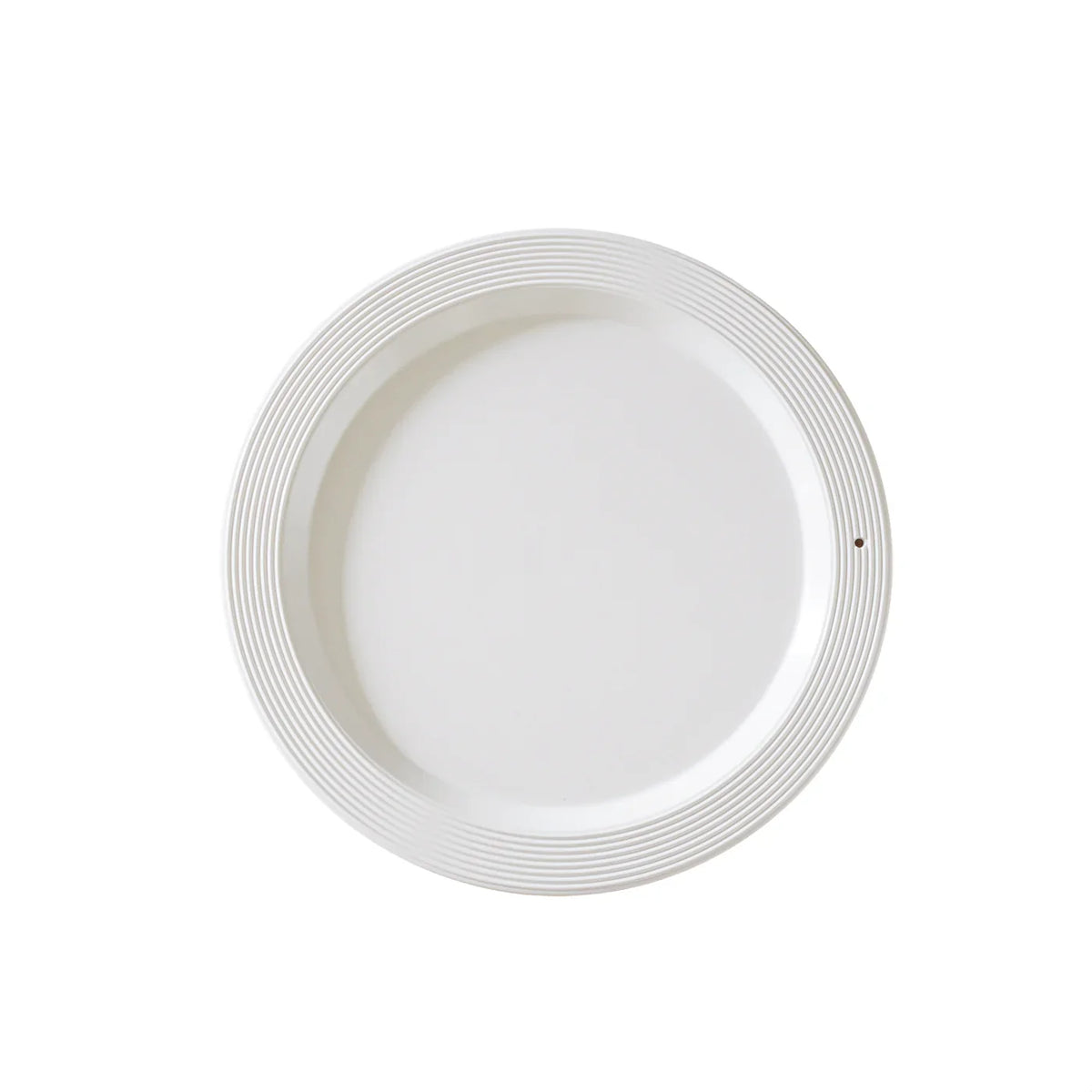 A white round serving platter from Nora Fleming in the color white, with a slot for a Nora Fleming mini.