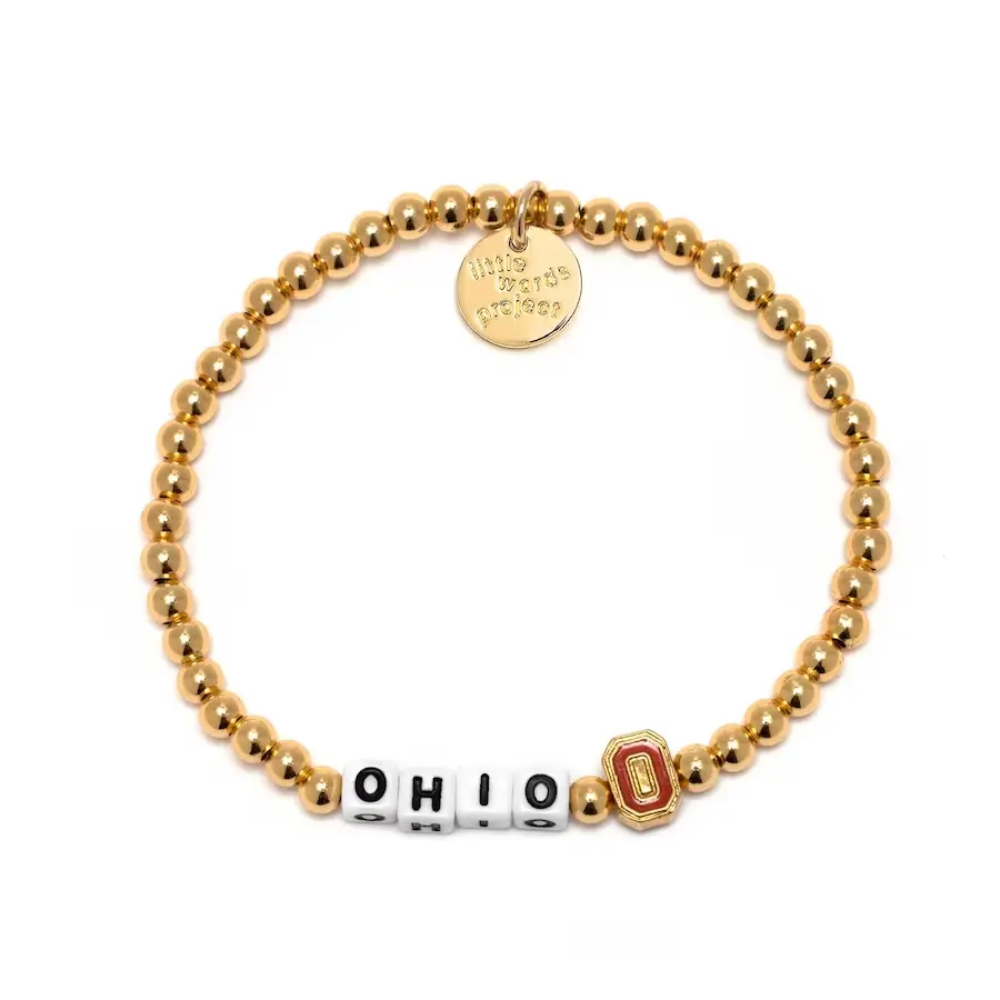 14K Gold beaded bracelet from Little Words Project that says, OHIO, with the Ohio State University logo.