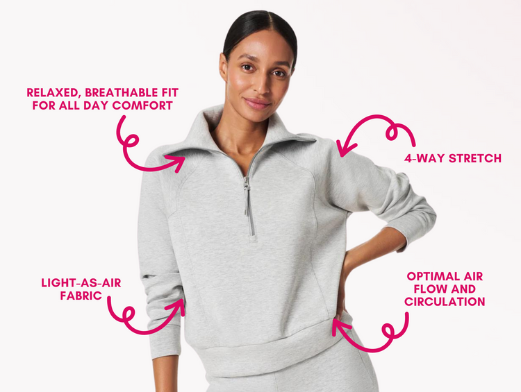 SPANX airessentials fabric is relaxed, breathable, fit for all day comfort, light-as-air fabric, 4-way stretch and optimal air flow.