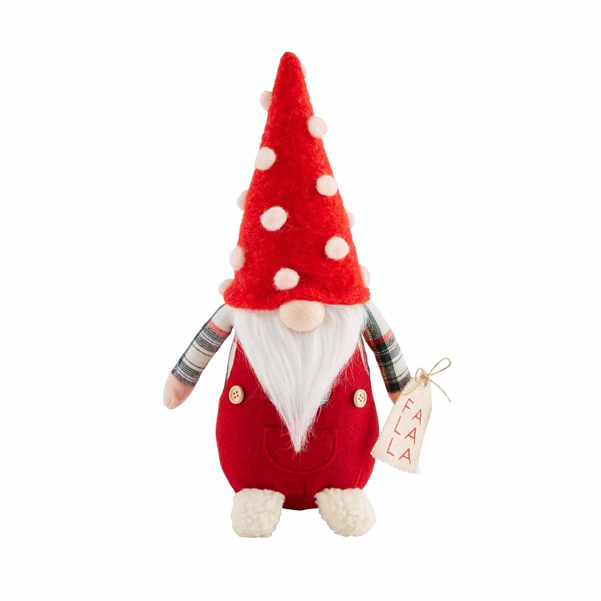 A red Christmas gnome, holding a bag that says, "fa, la, la" from Mud Pie.
