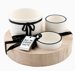 Trio Ceramic Bowls With Wood Base