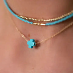 16" Necklace Gold - Signature Cross Turquoise Close Up