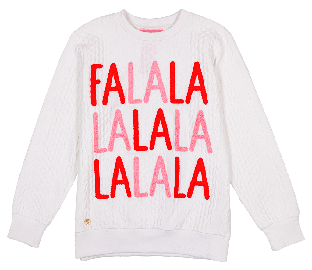 Braided crewneck sweater with "FALALALALALALALA" all down the front. From Simply Southern Brand.