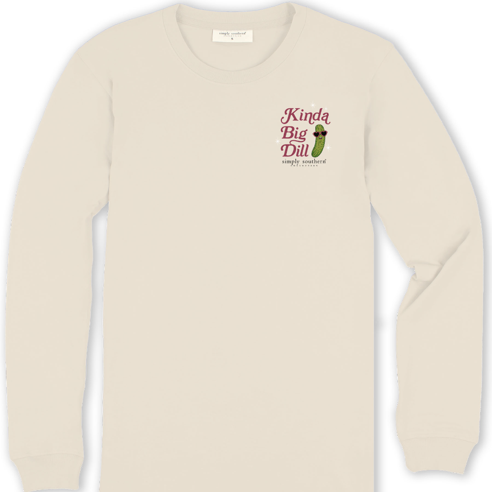 Front of the long sleeve t-shirt with NO chest pocket. The phrase, "Kinda Big Dill" is on the chest, with a green pickle wearing pink sunglasses. The Simply Southern logo is just below the phrase.