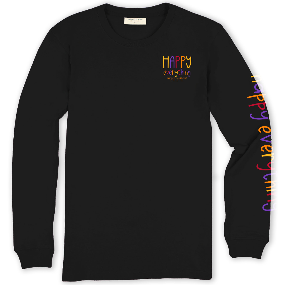 Front of the all black long sleeve t-shirt, with the phase, "Happy Everything" on the chest and sleeve. The letters are multi colored in yellow, orange, purple, and red. The Simply Southern brand logo is shown just below the chest decal.