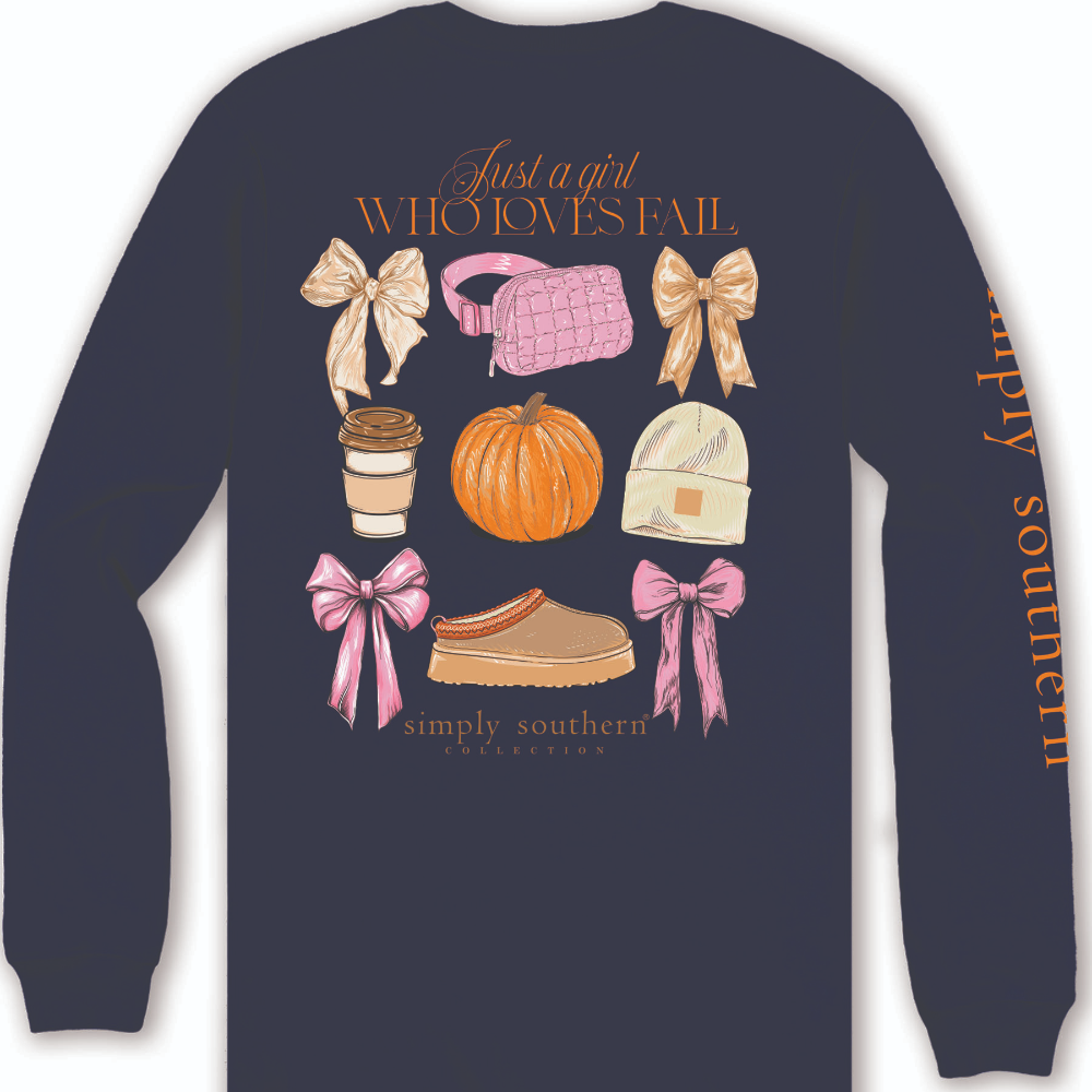 Long sleeve t-shirt in the color blue, showing the phrase, "Just a girl who loves fall" at the top of the back. With fall themed illustrations just below the phrase. Bows, fanny pack, coffee cup, a pumpkin, beanie, ribbons, and slippers. The Simply Southern brand logo is a the bottom of the shirt, and down the right sleeve.