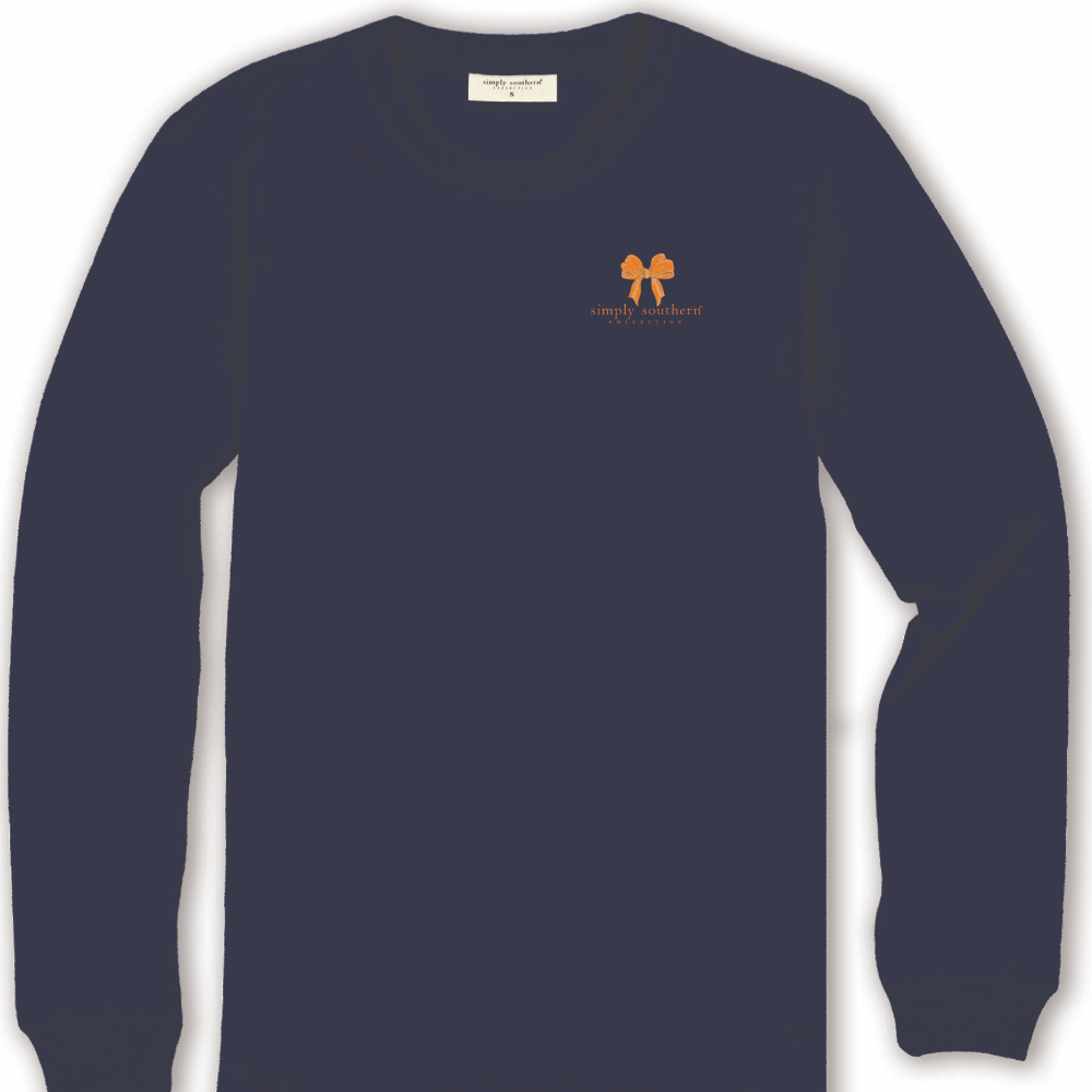 Front view of the blue long sleeve t-shirt, with an orange ribbon on the chest, and the Simply Southern brand logo just below the ribbon.