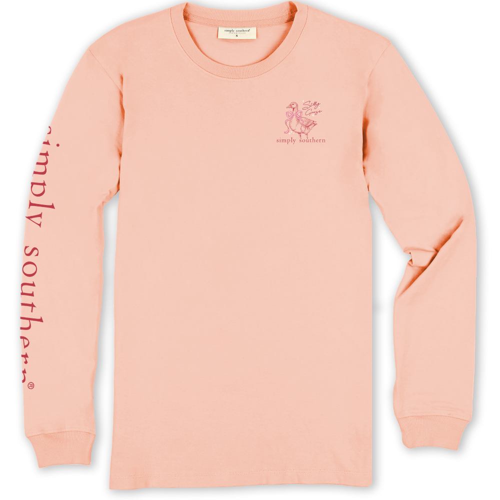 Front of a peach colored long sleeve t-shirt, showing a goose on the chest with a pink ribbon around its neck, and the phrase "Silly Goose."The Simply Southern brand logo is just below the graphic.