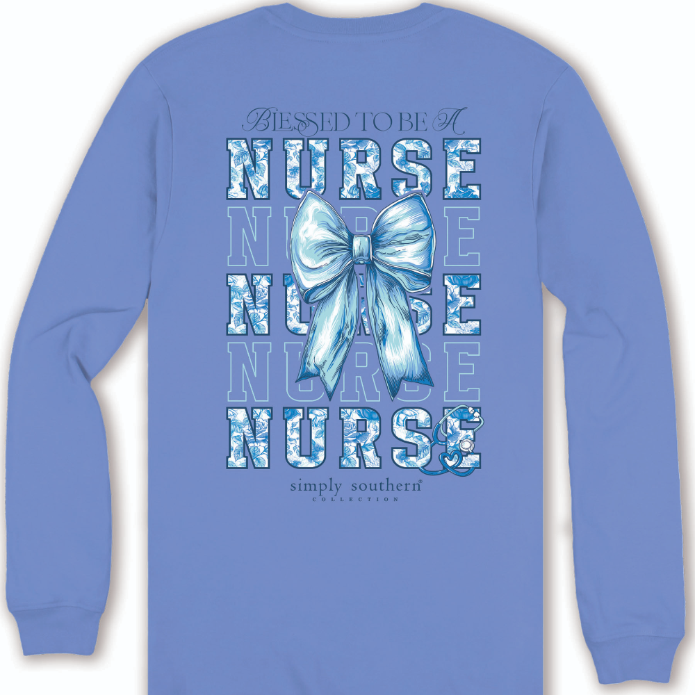 Blue long sleeve t-shirt that reads, "Blessed to be a nurse" with the Simply Southern brand logo at the bottom. A blue ribbon decal is in the middle of the shirt.