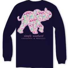 Blue long sleeve t-shirt with a pink elephant graphic and the Simply Southern brand logo just below it. The phrase, ""Conserve and Protect" is right below the brand logo.