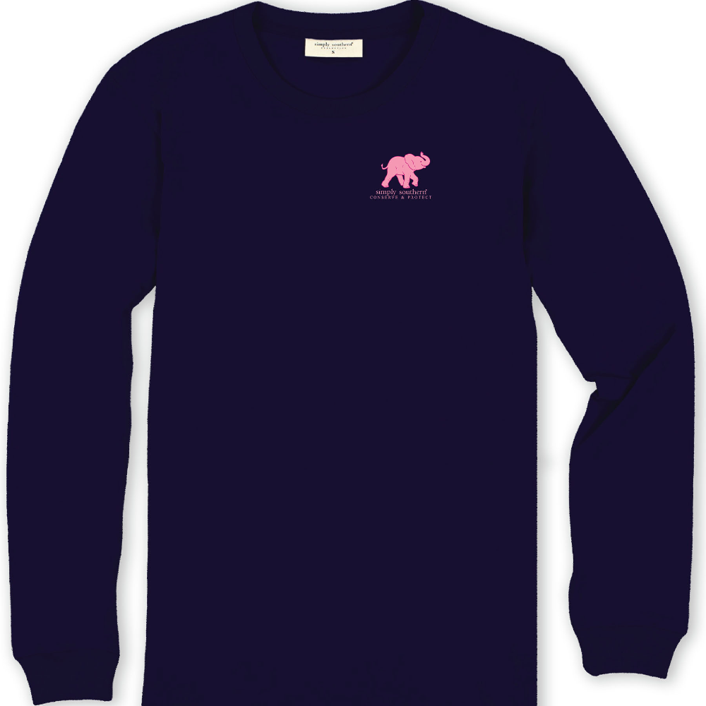 Front of an all blue long sleeve t-shirt with a pink elephant graphic on the chest, with the Simply Southern brand logo right below it, and the phrase, "Conserve and Protect" below that.