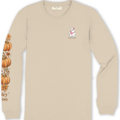 A beige long-sleeve shirt with a small ghost graphic and script on the upper left chest, and a design of stacked pumpkins and flowers on the right sleeve.