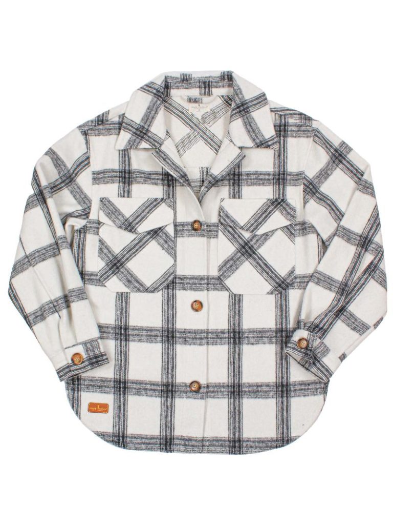 A white and black plaid shacket designed by Simply Southern Brand, with 4 buttons down the front, and two chest pockets.