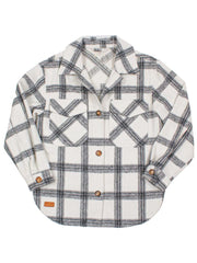 A white and black plaid shacket designed by Simply Southern Brand, with 4 buttons down the front, and two chest pockets.