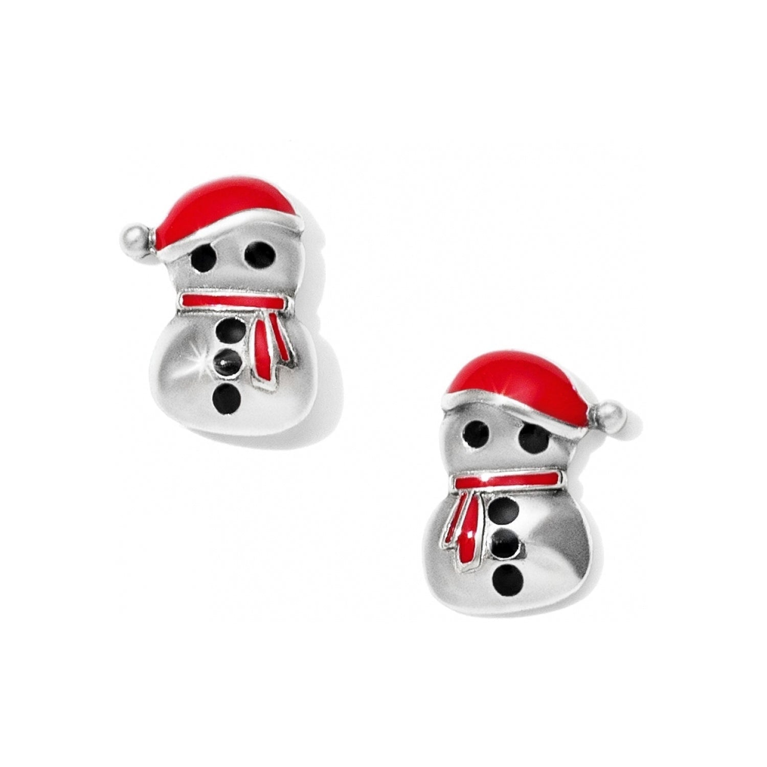 Adorable Snowman Mini Post Earrings. The snowman are silver, and are wearing red Santa hats, with a red scarf.