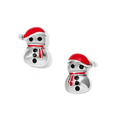 Adorable Snowman Mini Post Earrings. The snowman are silver, and are wearing red Santa hats, with a red scarf.