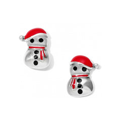 Adorable Snowman Mini Post Earrings. The snowman are silver, and are wearing red Santa hats, with a red scarf.