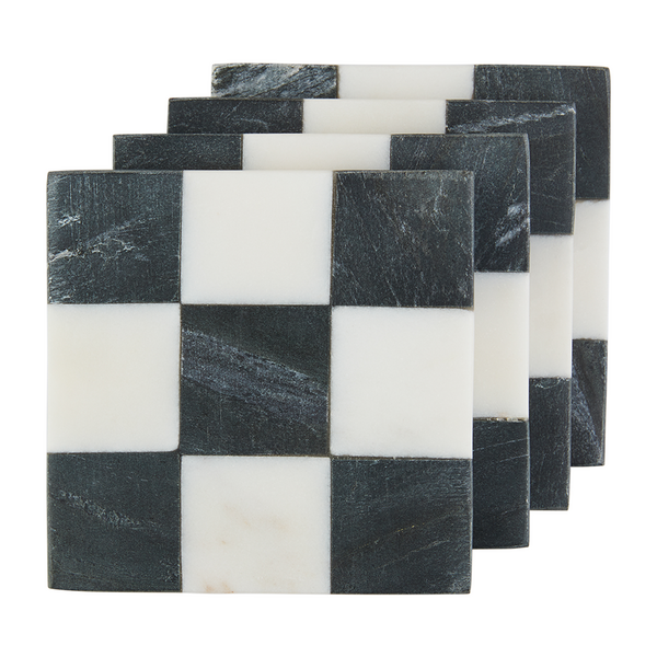 A set of square coasters with a white, and black checkered pattern. Designed by the brand, Mud Pie.