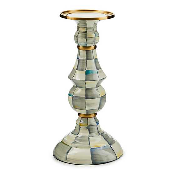 Sterling Check Enamel Pillar Candlestick Large