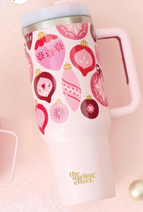 The Darling Effect 40 oz Take Me Everywhere Tumbler in the color pink. Showing pink Christmas ornaments and The Darling Effect logo. 