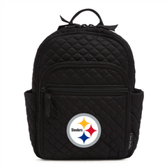 A Vera Bradley backpack in all black, with the Pittsburgh Steelers primary logo on the front. From NFL solid black NFL collection.