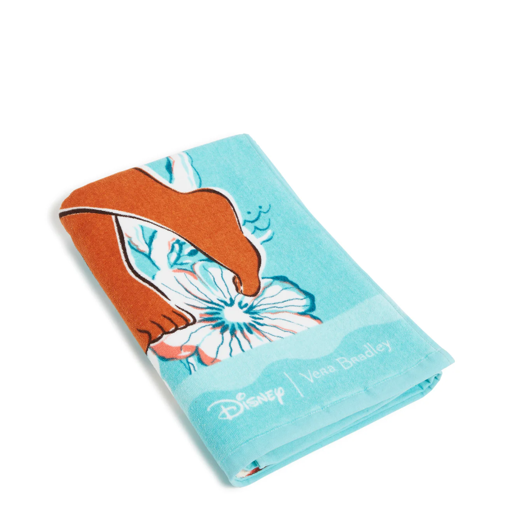 Blue Vera Bradley beach towel with a graphic of Disney's Moana.